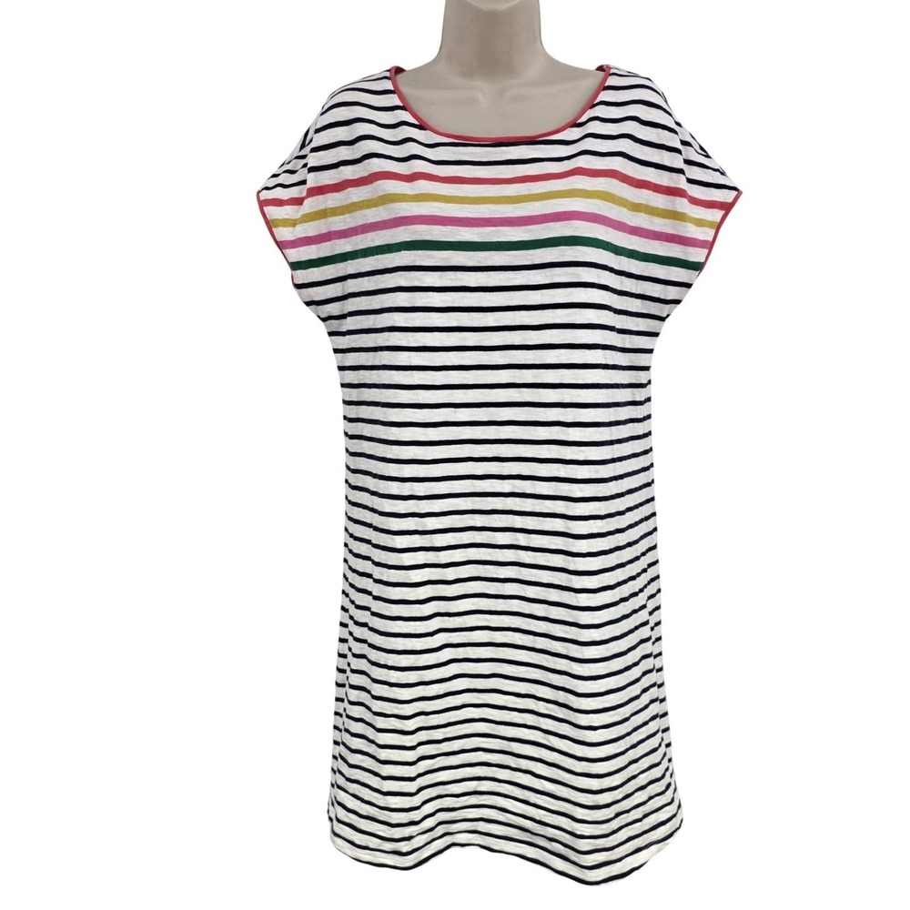 Boden Paulina Cotton T-Shirt Dress‎ Women 8 White Striped Organic Preppy Beachy